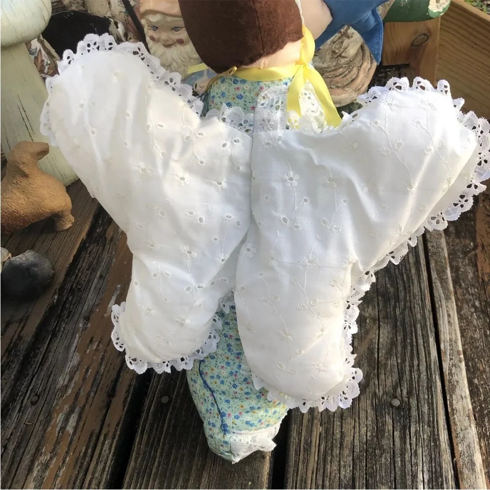 Christmas Angel Handmade Pillow Blue Green Pink Floral Eyelet Vintage 70s 80s